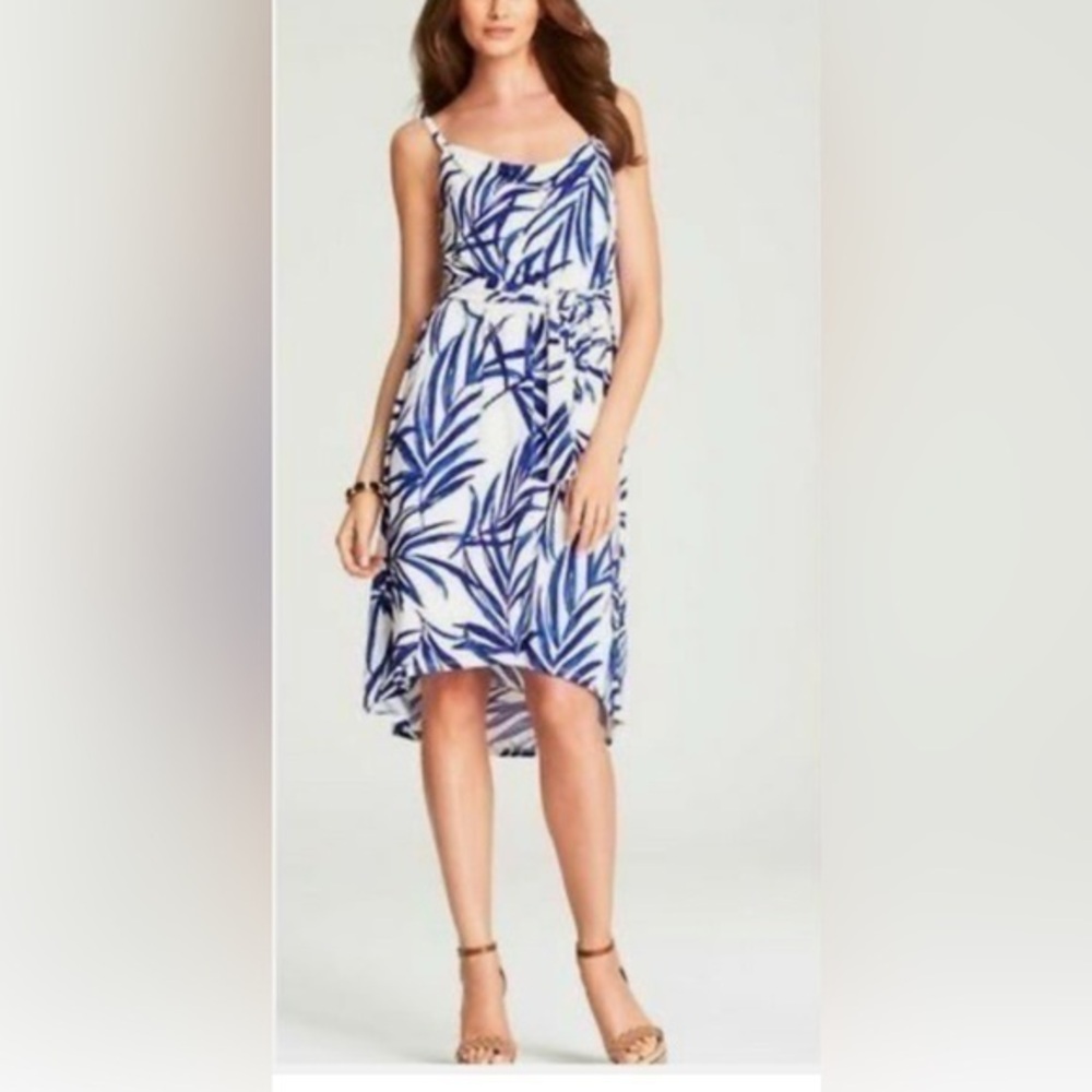 Ann Taylor Large Blue Tropical Leaf Belted Spaghetti Strap Dress XS Blue/White